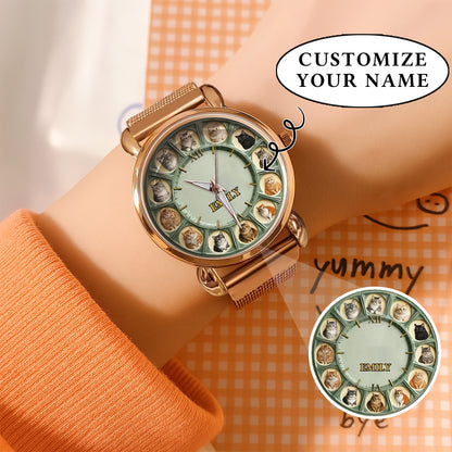 Personalized Pet Dog Cat Lover Watch – Custom Name Quartz Timepiece with 12 Cute Dog & Cat Faces | Gift for Dog & Cat Moms