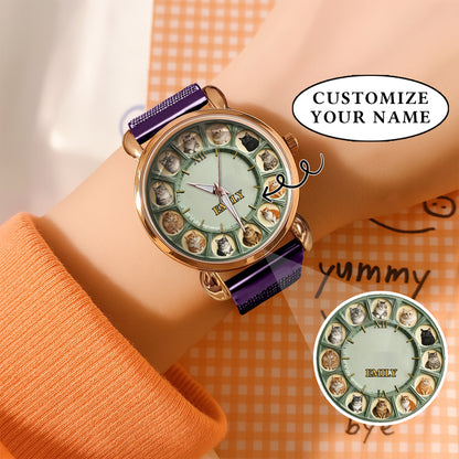 Personalized Pet Dog Cat Lover Watch – Custom Name Quartz Timepiece with 12 Cute Dog & Cat Faces | Gift for Dog & Cat Moms