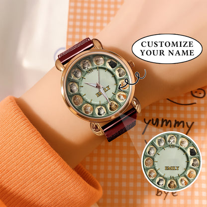 Personalized Pet Dog Cat Lover Watch – Custom Name Quartz Timepiece with 12 Cute Dog & Cat Faces | Gift for Dog & Cat Moms