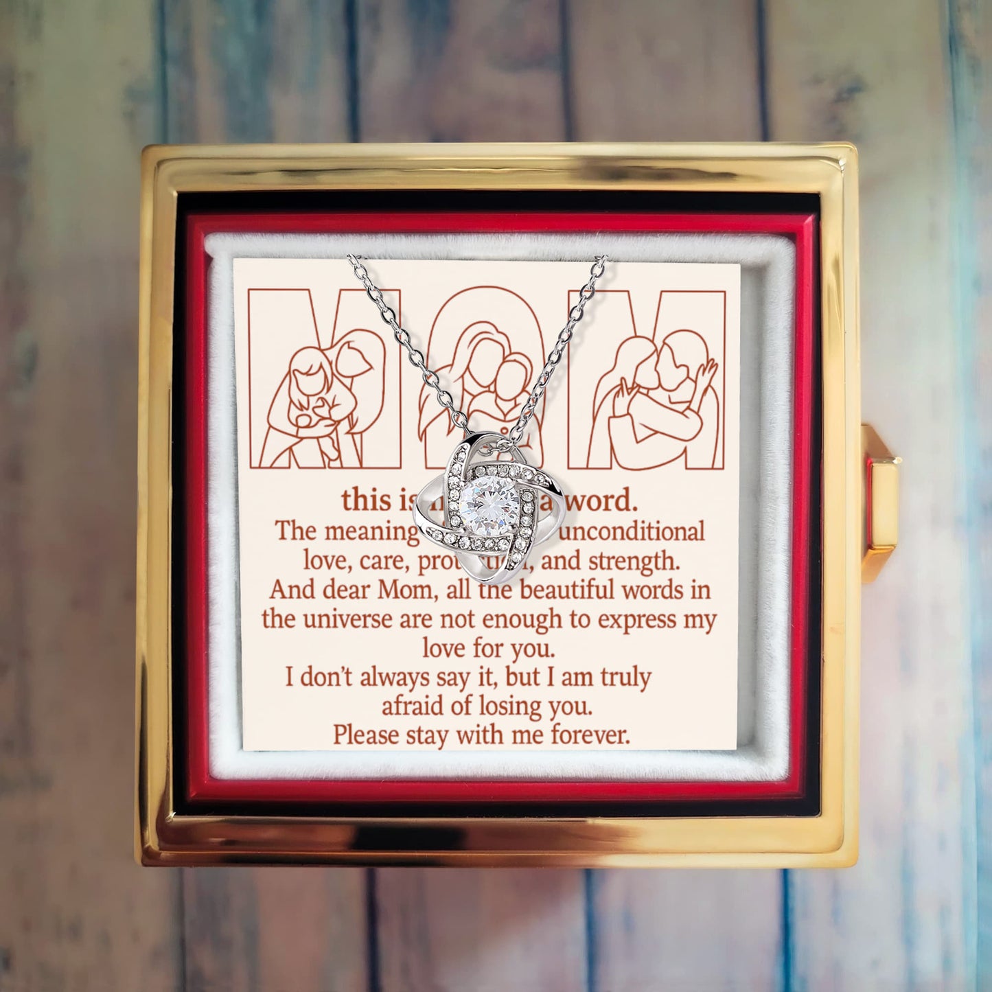 Personalized Love Knot Necklace with 3 Family Photos in Rotating Rose Gift Box for Mom