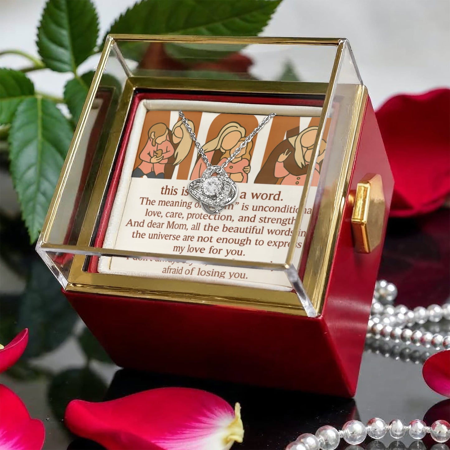 Personalized Love Knot Necklace with 3 Family Photos in Rotating Rose Gift Box for Mom