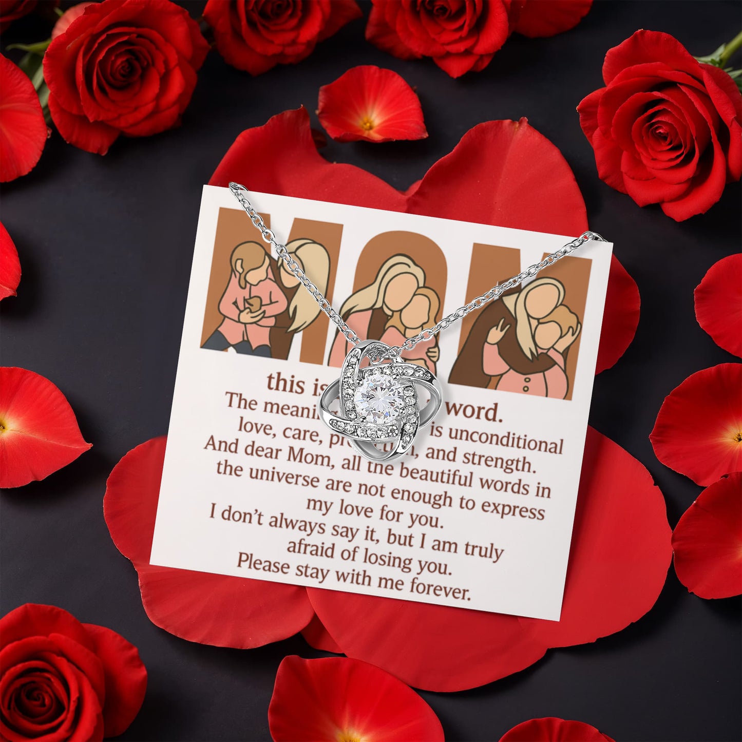 Personalized Love Knot Necklace with 3 Family Photos in Rotating Rose Gift Box for Mom