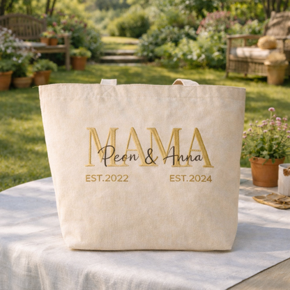 Personalized Mom & Kids Est Mother's Day Embroidered Tote Bag - Vintage Striped Beach Tote
