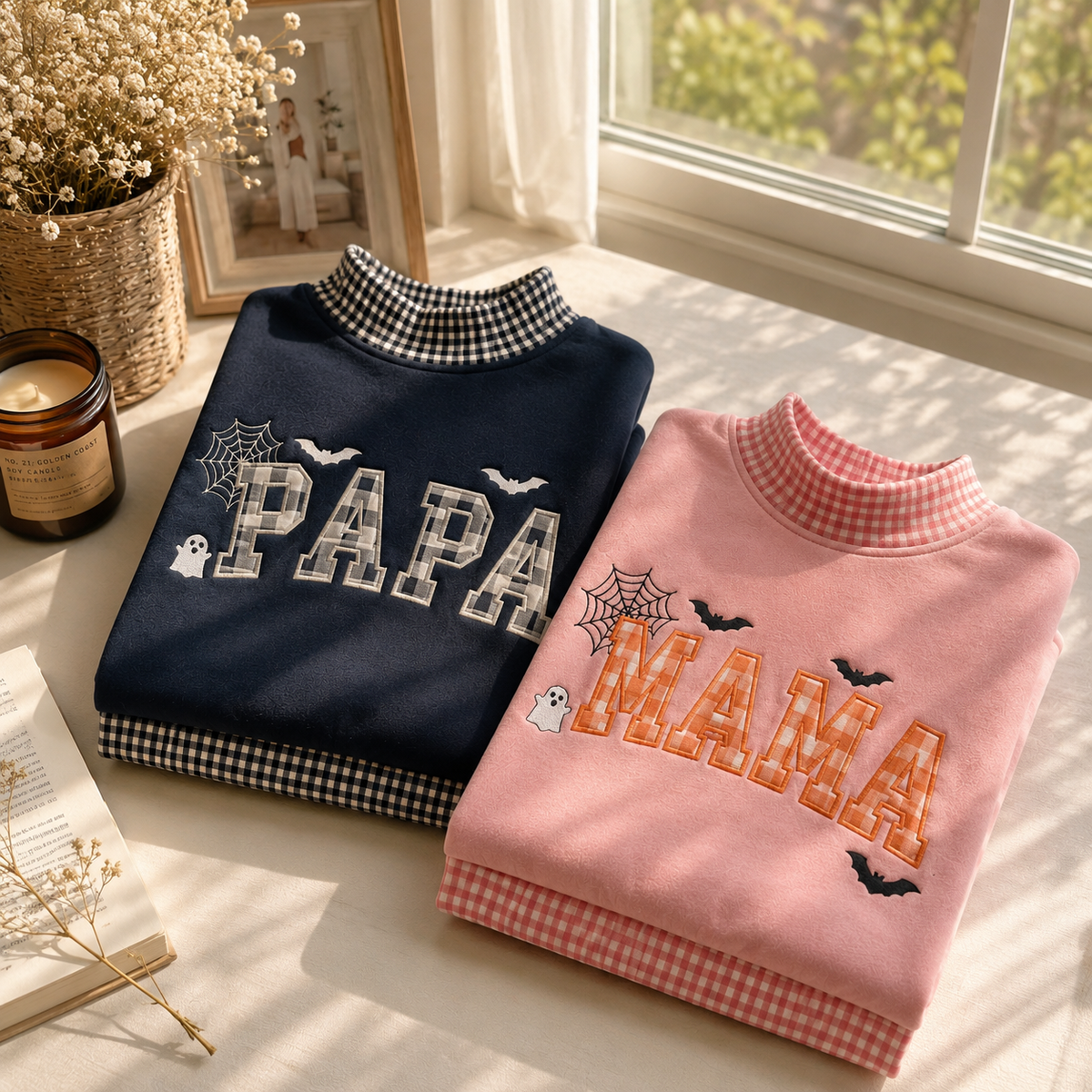 Personalized Gingham Custom Text Halloween Embroidered Sweatshirt, Custom Gingham Crewneck