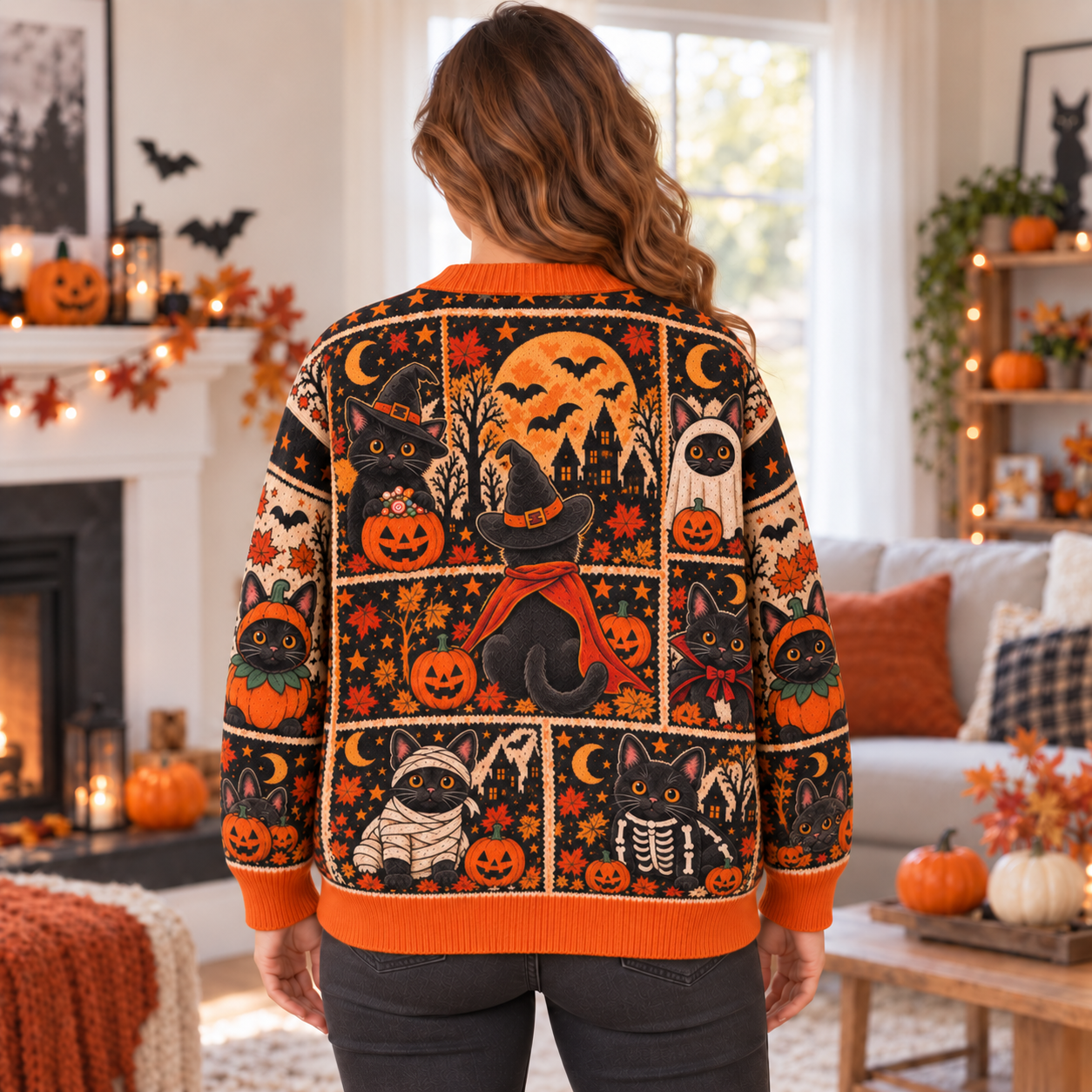 Halloween Custom Black Cats Spooky Season Ugly Cardigan