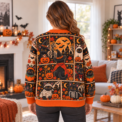 Halloween Custom Black Cats Spooky Season Ugly Cardigan