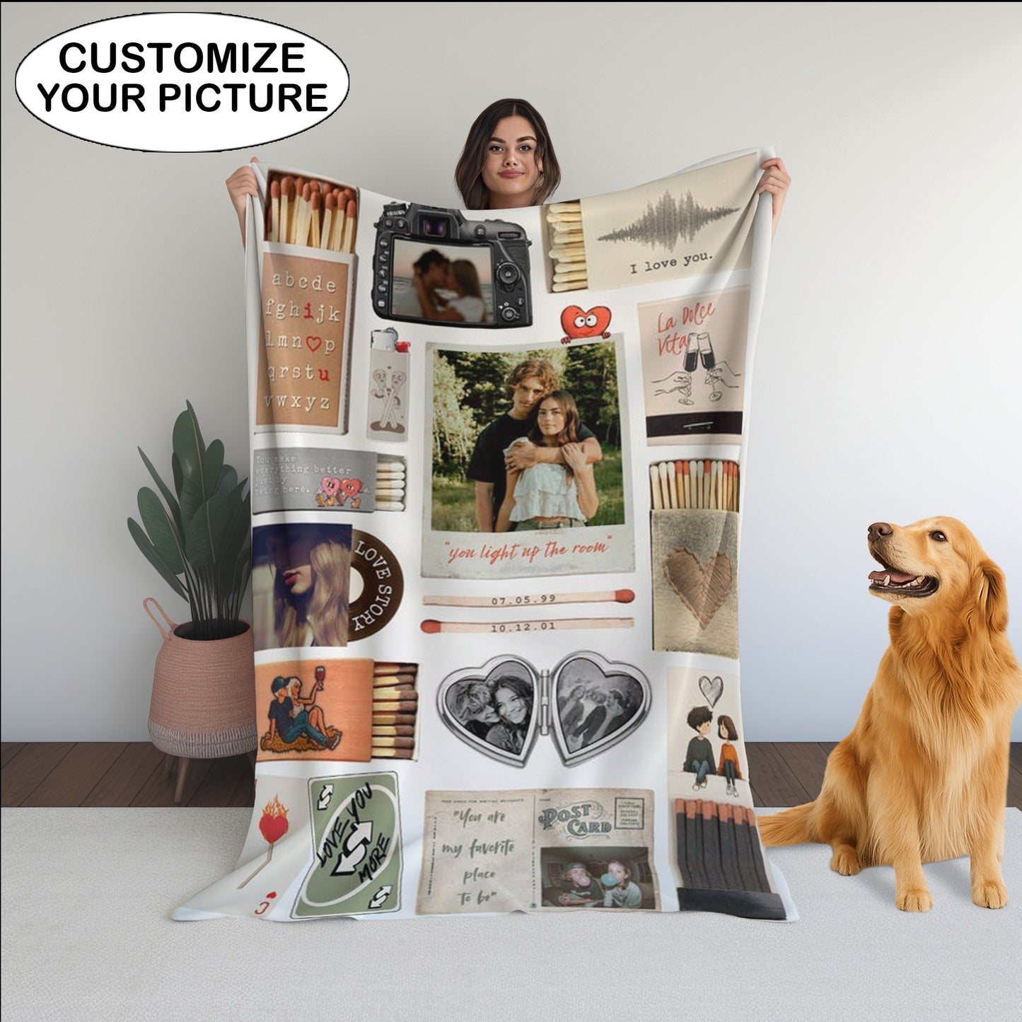 Couple Love Story Matchbook Collage Dopamine Decor - Personalized Blanket - Heartfelt Valentine, Anniversary Gift For Him, For Her