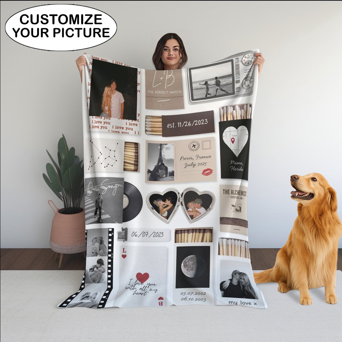 Couple Love Story Matchbook Collage Dopamine Decor - Personalized Blanket - Heartfelt Valentine, Anniversary Gift For Him, For Her