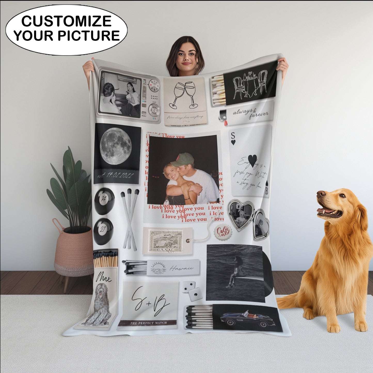 Couple Love Story Matchbook Collage Dopamine Decor - Personalized Blanket - Heartfelt Valentine, Anniversary Gift For Him, For Her