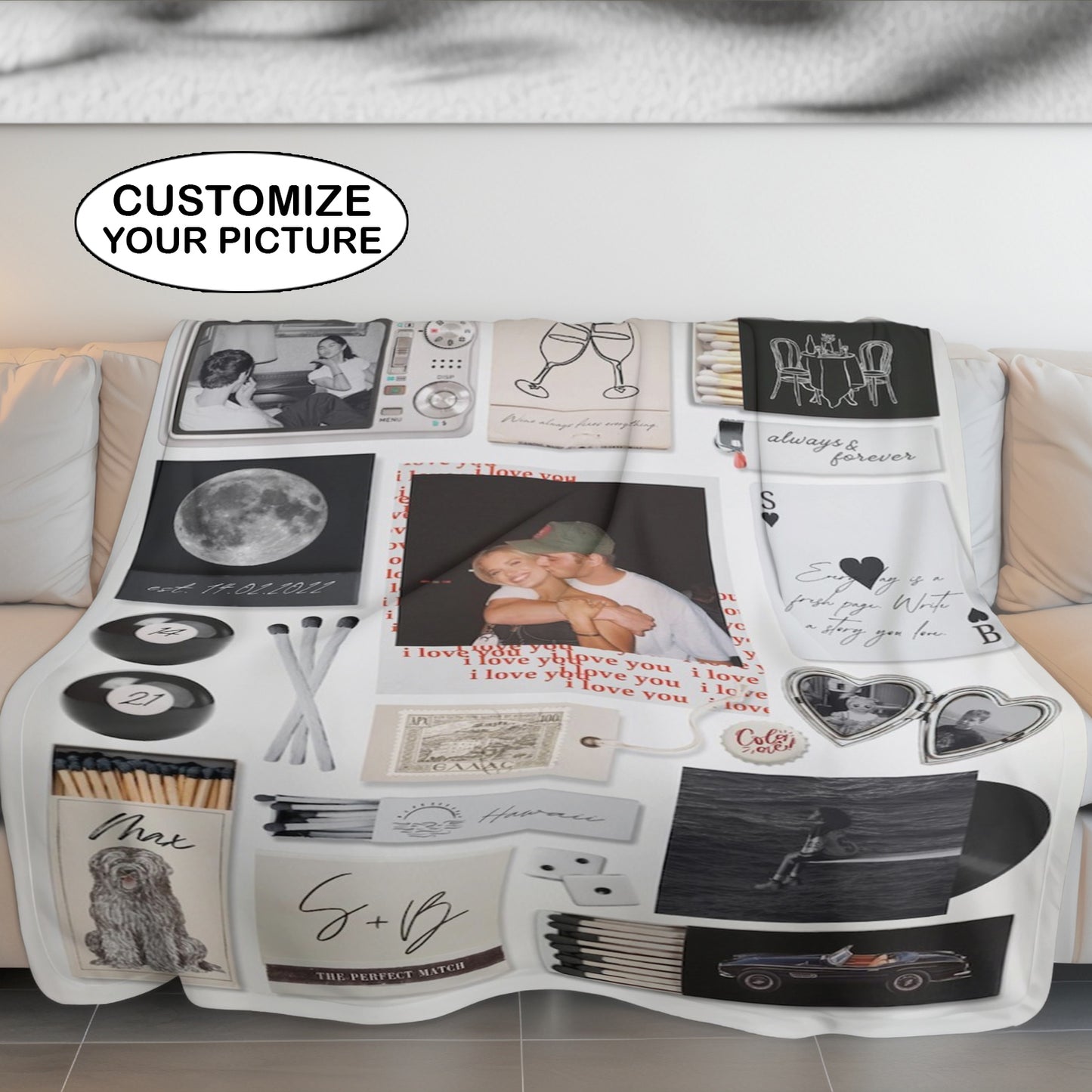 Couple Love Story Matchbook Collage Dopamine Decor - Personalized Blanket - Heartfelt Valentine, Anniversary Gift For Him, For Her