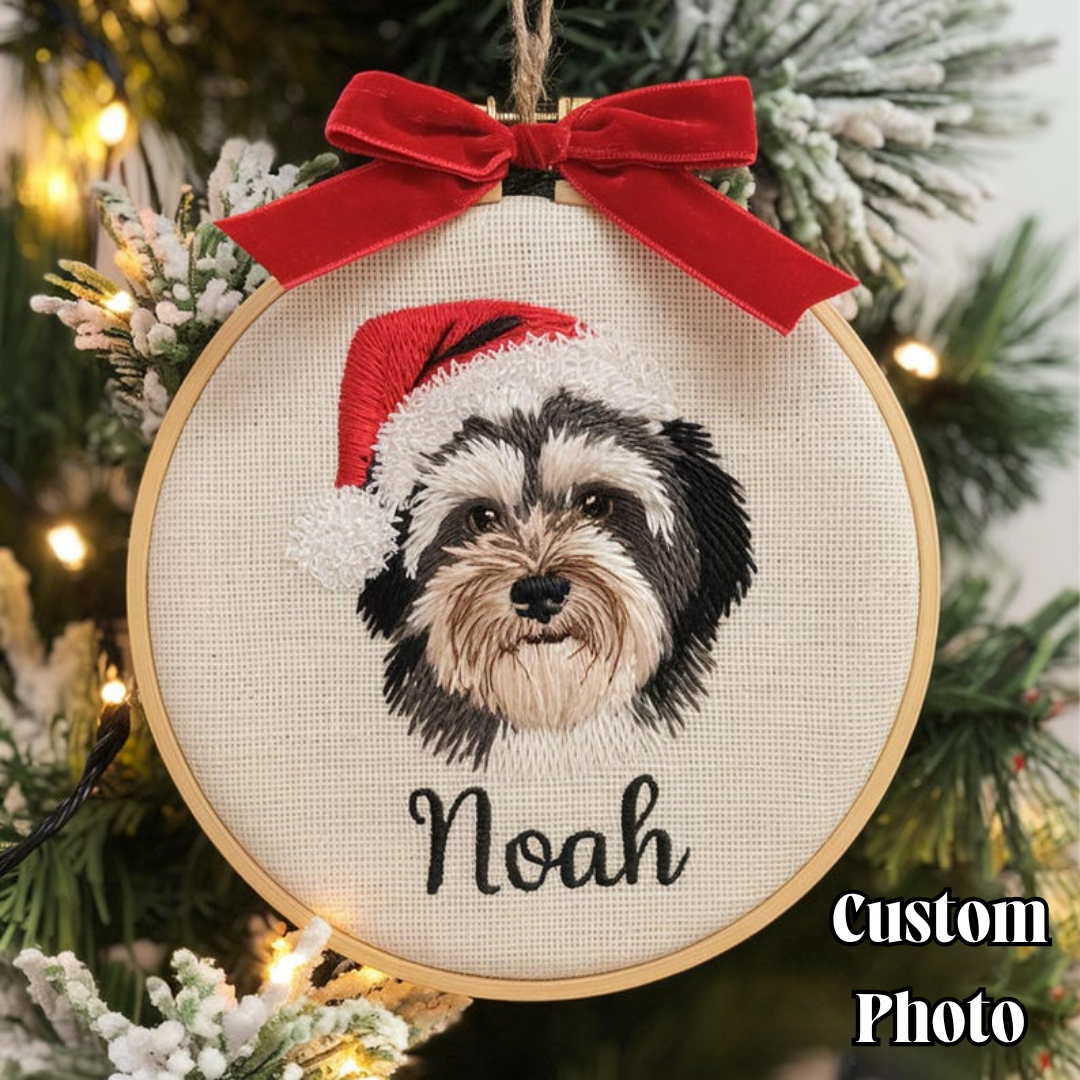 Personalized Pet Embroidery Ornament | Custom Dog Portrait Hoop | Christmas Tree Decoration