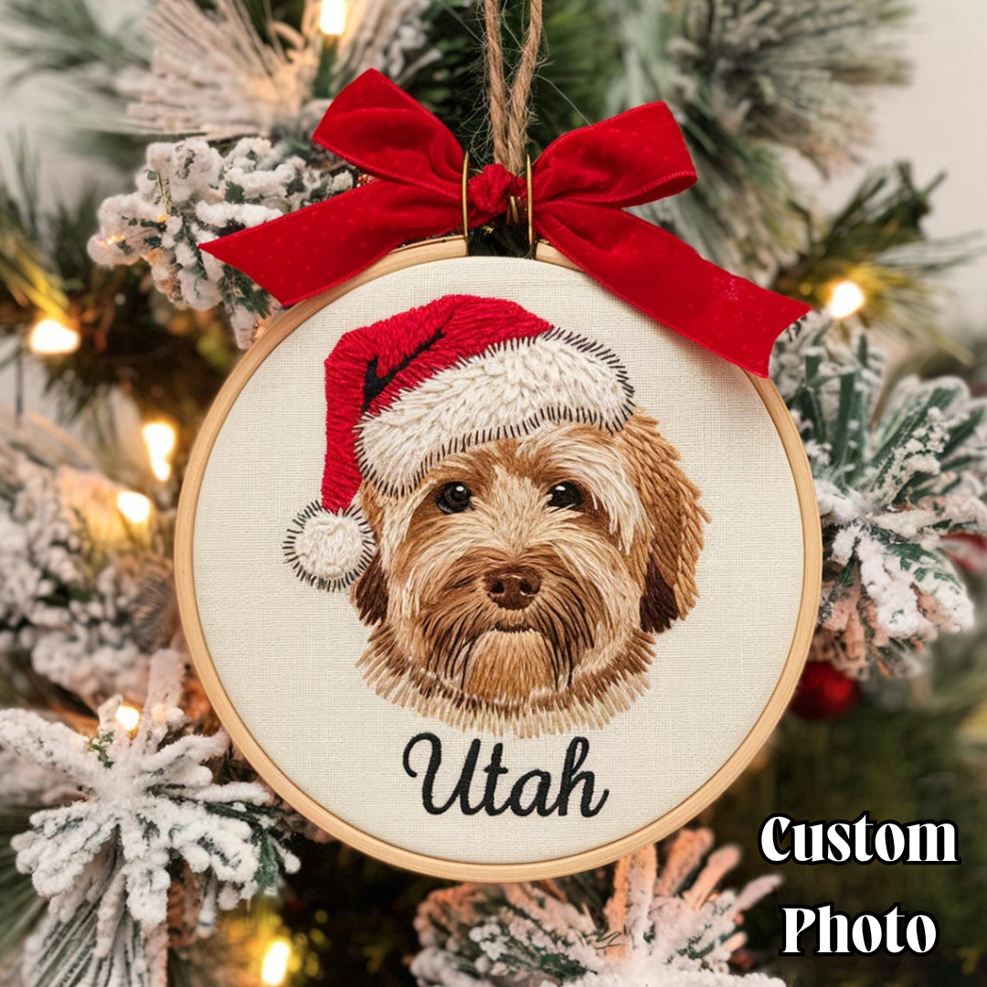Personalized Pet Embroidery Ornament | Custom Dog Portrait Hoop | Christmas Tree Decoration