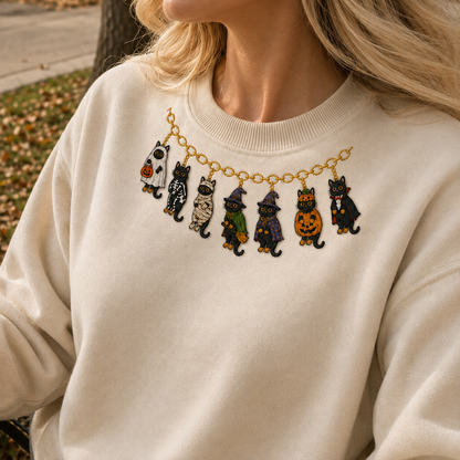 Embroidered Halloween Black Cats Spooky Season Sweatshirt