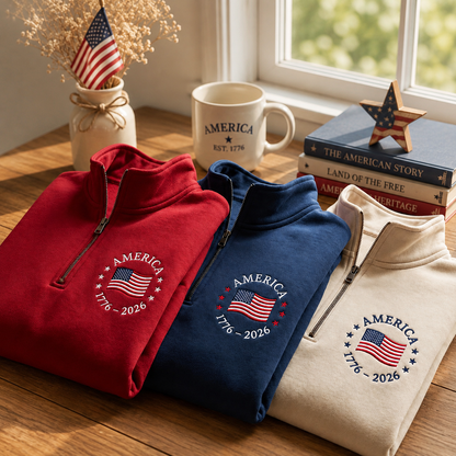 America 1776–2026 Heritage Flag Embroidered Quarter-Zip Sweatshirt, Hoodie Sweatshirt T-Shirt