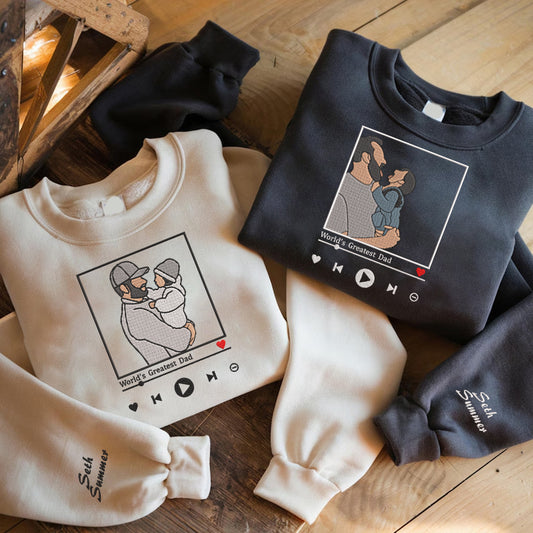 Father's Day Personalized Embroidered Family Photo Framed Custom Text Hoodie Sweatshirt T-Shirt