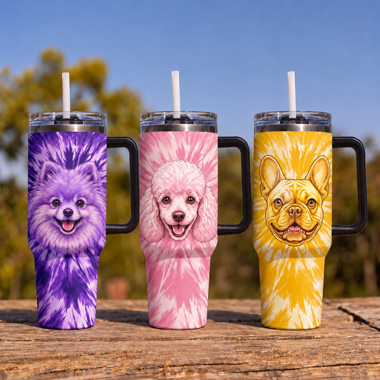 Cute Puppy Tie-Dye Stainless Steel Tumbler - Personalized 40oz Tumbler