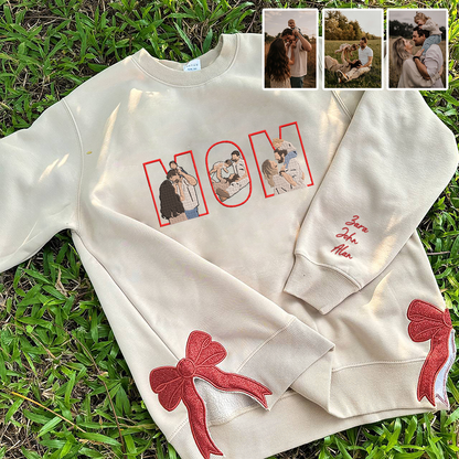 Christmas Embroidered Family Photo Glitter Bow Hoodie Sweatshirt T-Shirt