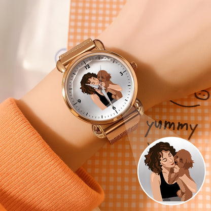 Mother's Day Gift For Mom Personalized Photos With Pet Mesh Strap Quartz Watch