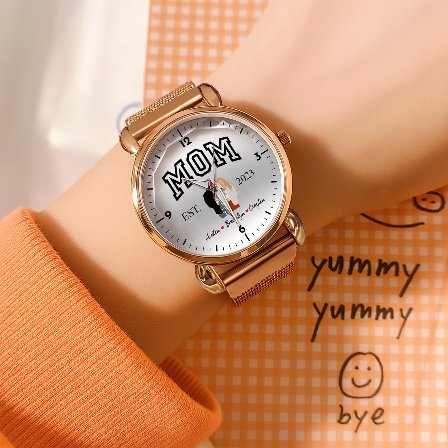 Mother's Day Personalized Family Photo & Kids’ Names Mesh Strap Quartz Watch