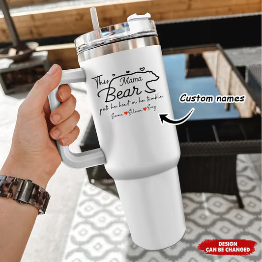 Mother's Day Mama Bear Personalized Text 40oz Insulated Mug with Handle and Straw Stainless Steel Custom Travel Cup Gift for Family Friends Couples