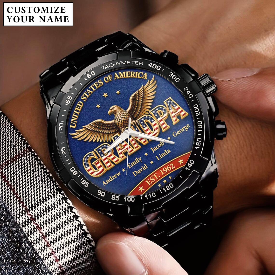 Personalized EST & Names for Independence Day Grandpa Watch