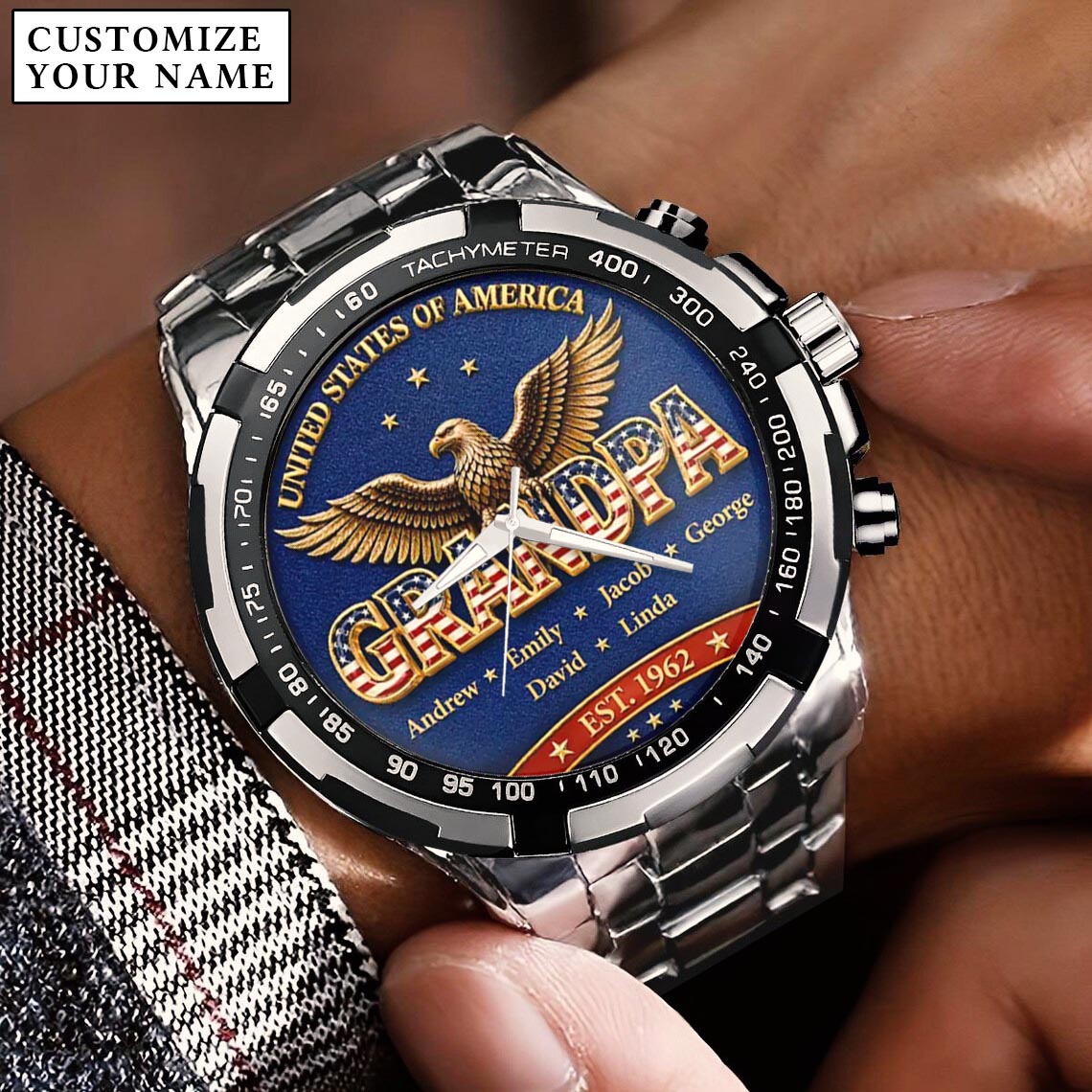 Personalized EST & Names for Independence Day Grandpa Watch