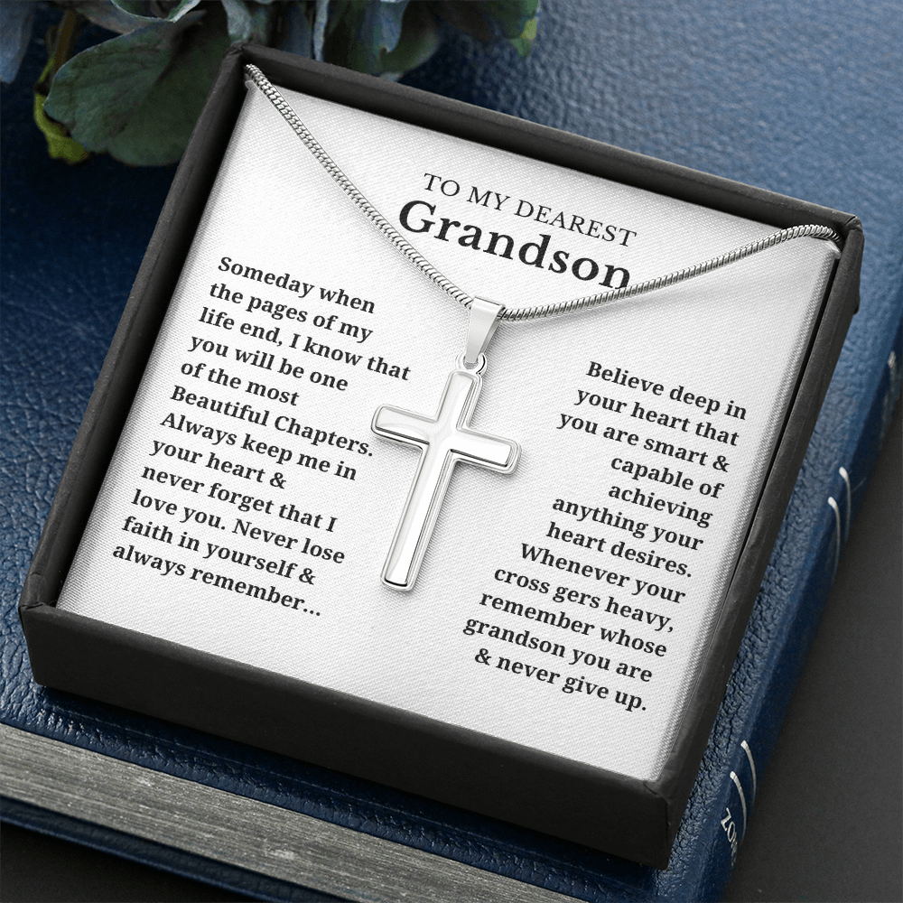 To My Dearest Grandson Artisan Cross Necklace with Snake Chain