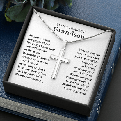 To My Dearest Grandson Artisan Cross Necklace with Snake Chain