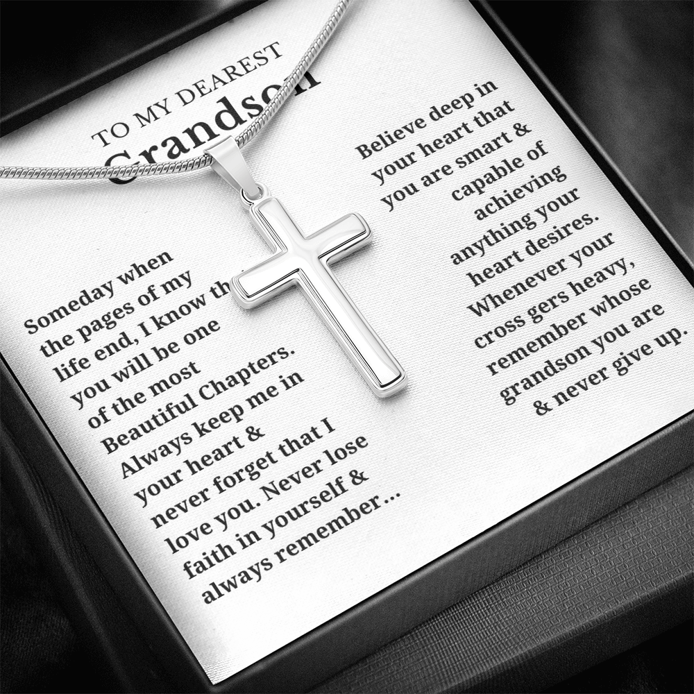To My Dearest Grandson Artisan Cross Necklace with Snake Chain