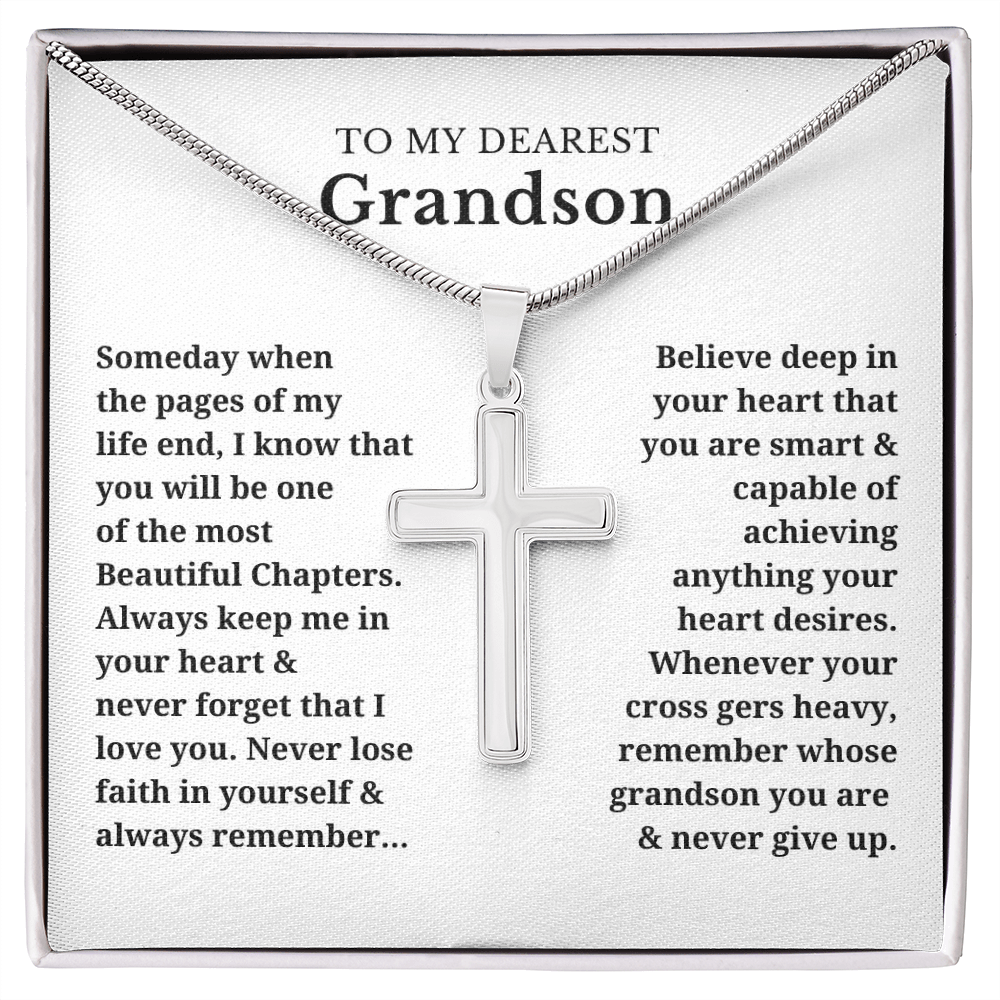 To My Dearest Grandson Artisan Cross Necklace with Snake Chain
