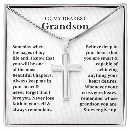 To My Dearest Grandson Artisan Cross Necklace with Snake Chain