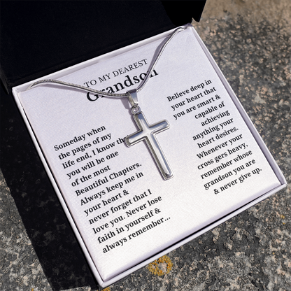 To My Dearest Grandson Artisan Cross Necklace with Snake Chain