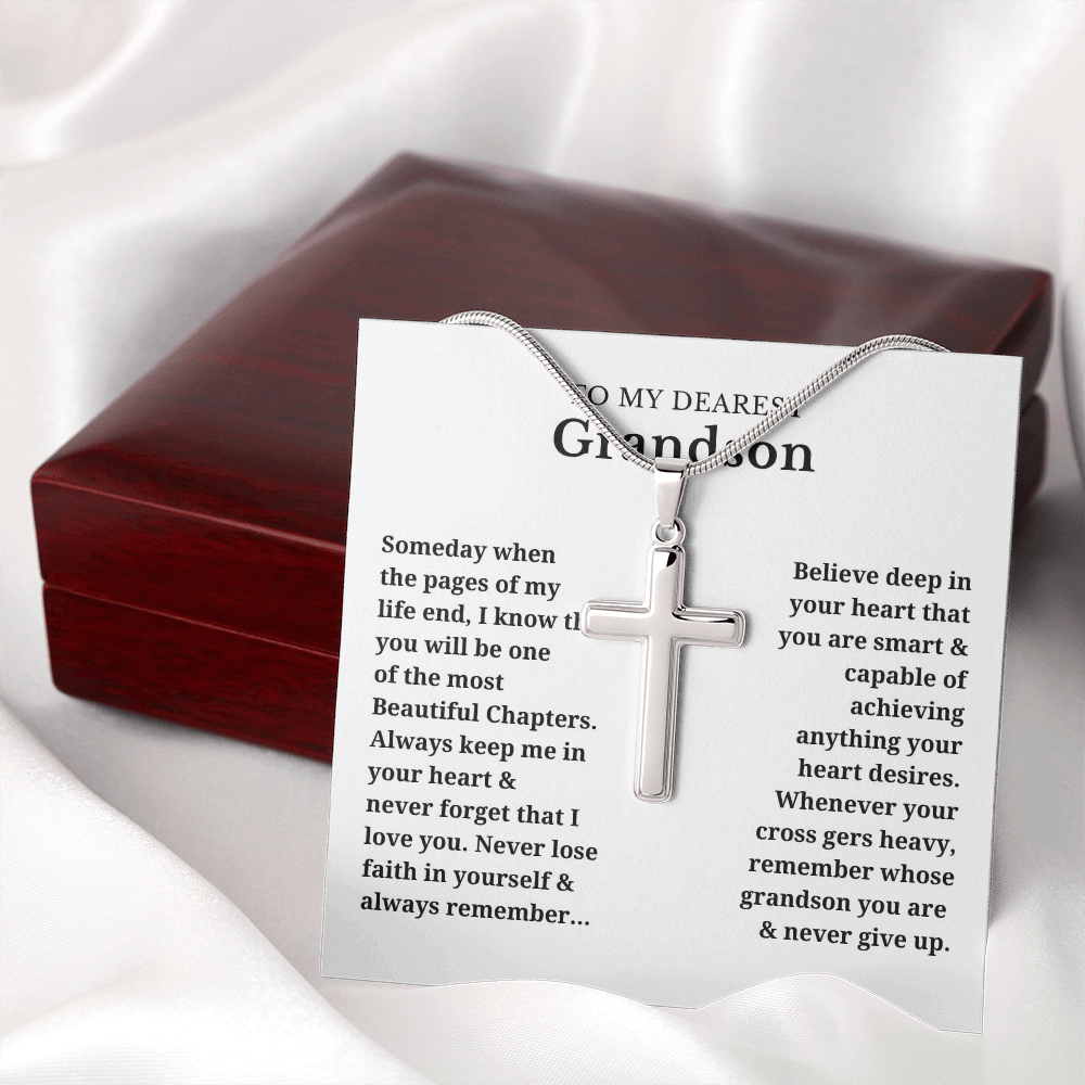 To My Dearest Grandson Artisan Cross Necklace with Snake Chain