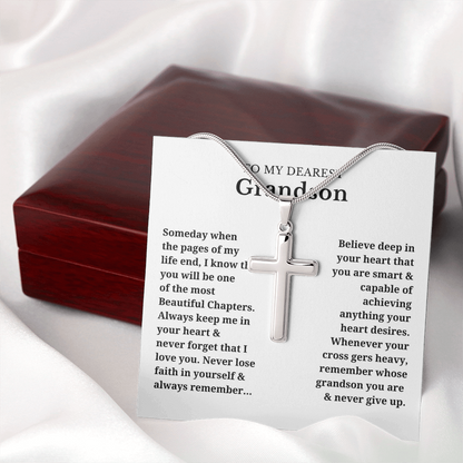 To My Dearest Grandson Artisan Cross Necklace with Snake Chain
