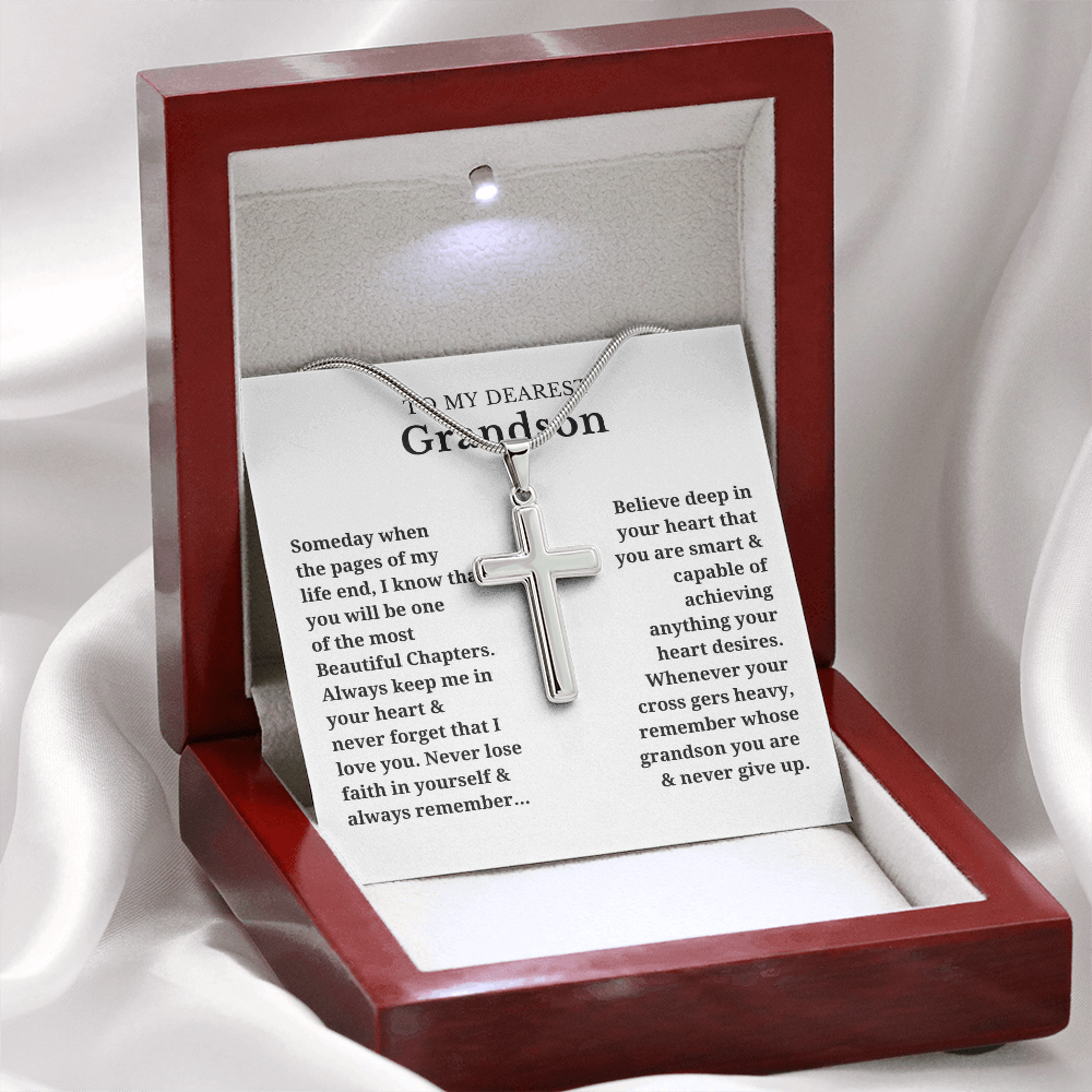 To My Dearest Grandson Artisan Cross Necklace with Snake Chain