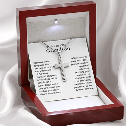 To My Dearest Grandson Artisan Cross Necklace with Snake Chain