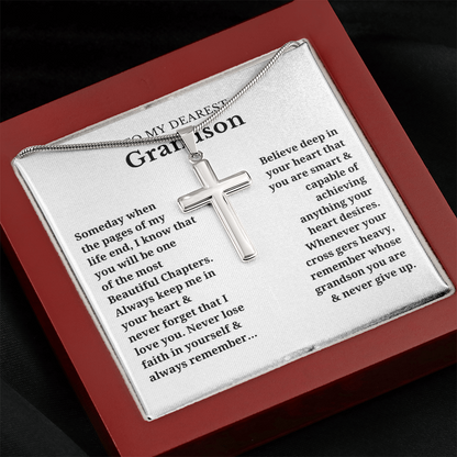 To My Dearest Grandson Artisan Cross Necklace with Snake Chain