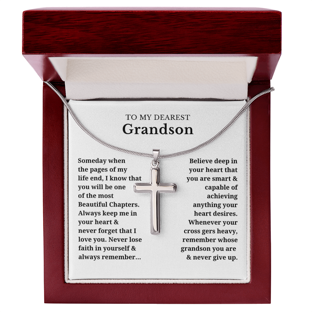 To My Dearest Grandson Artisan Cross Necklace with Snake Chain