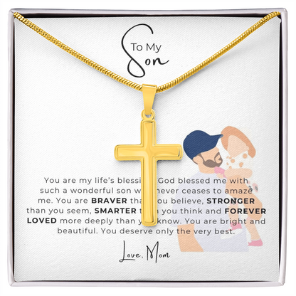 To My Son Artisan Cross Necklace with Snake Chain