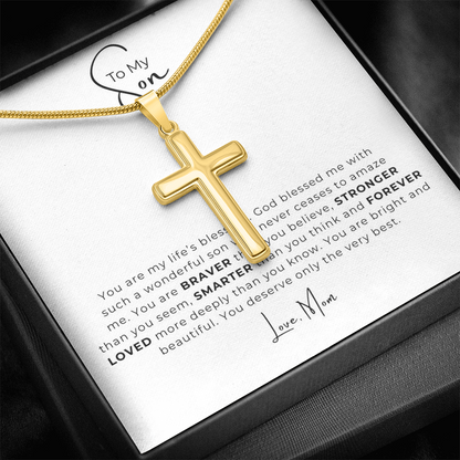To My Son Artisan Cross Necklace with Snake Chain