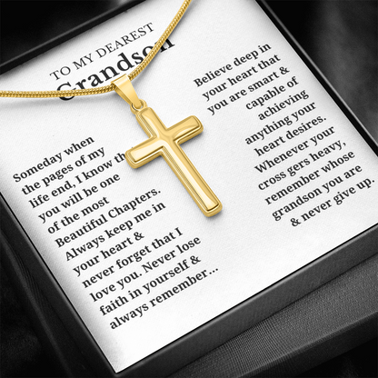 To My Dearest Grandson Artisan Cross Necklace with Snake Chain