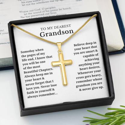 To My Dearest Grandson Artisan Cross Necklace with Snake Chain