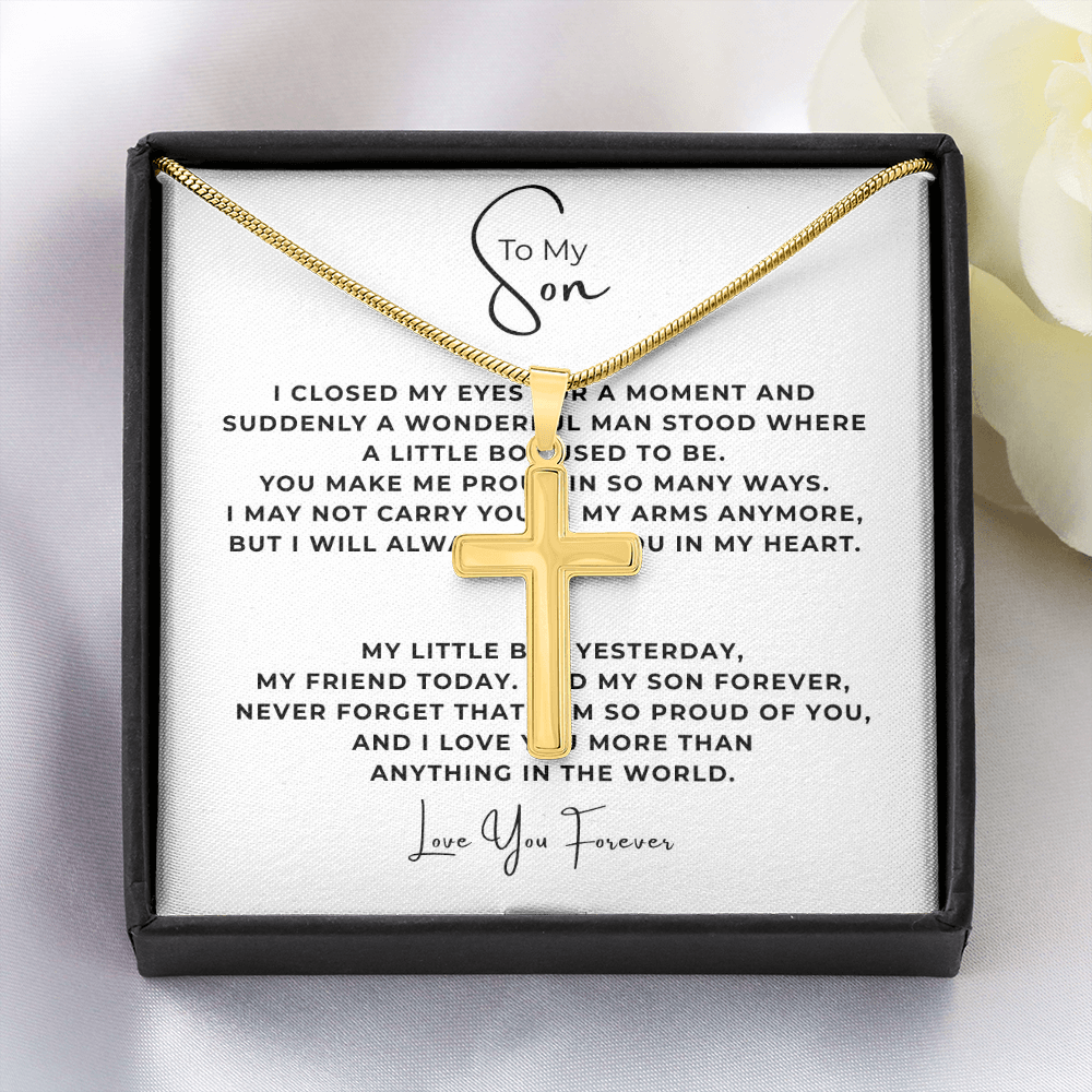 To My Son Artisan Cross Necklace with Snake Chain