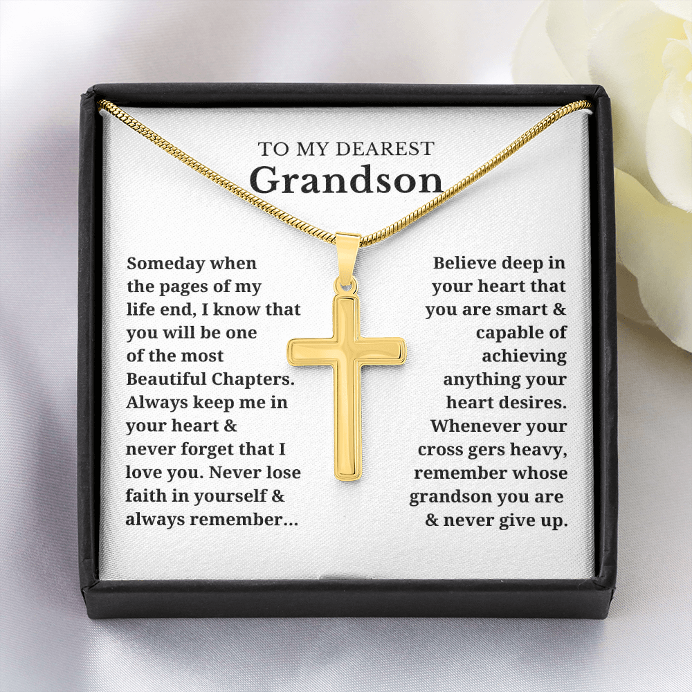 To My Dearest Grandson Artisan Cross Necklace with Snake Chain
