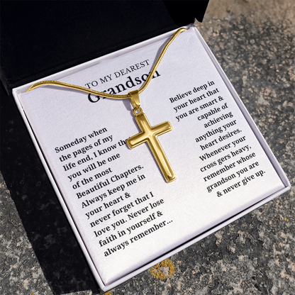 To My Dearest Grandson Artisan Cross Necklace with Snake Chain