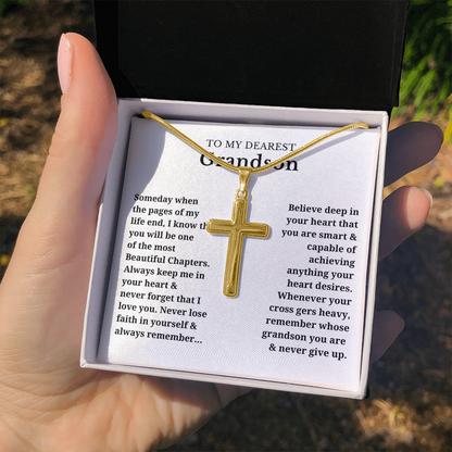 To My Dearest Grandson Artisan Cross Necklace with Snake Chain