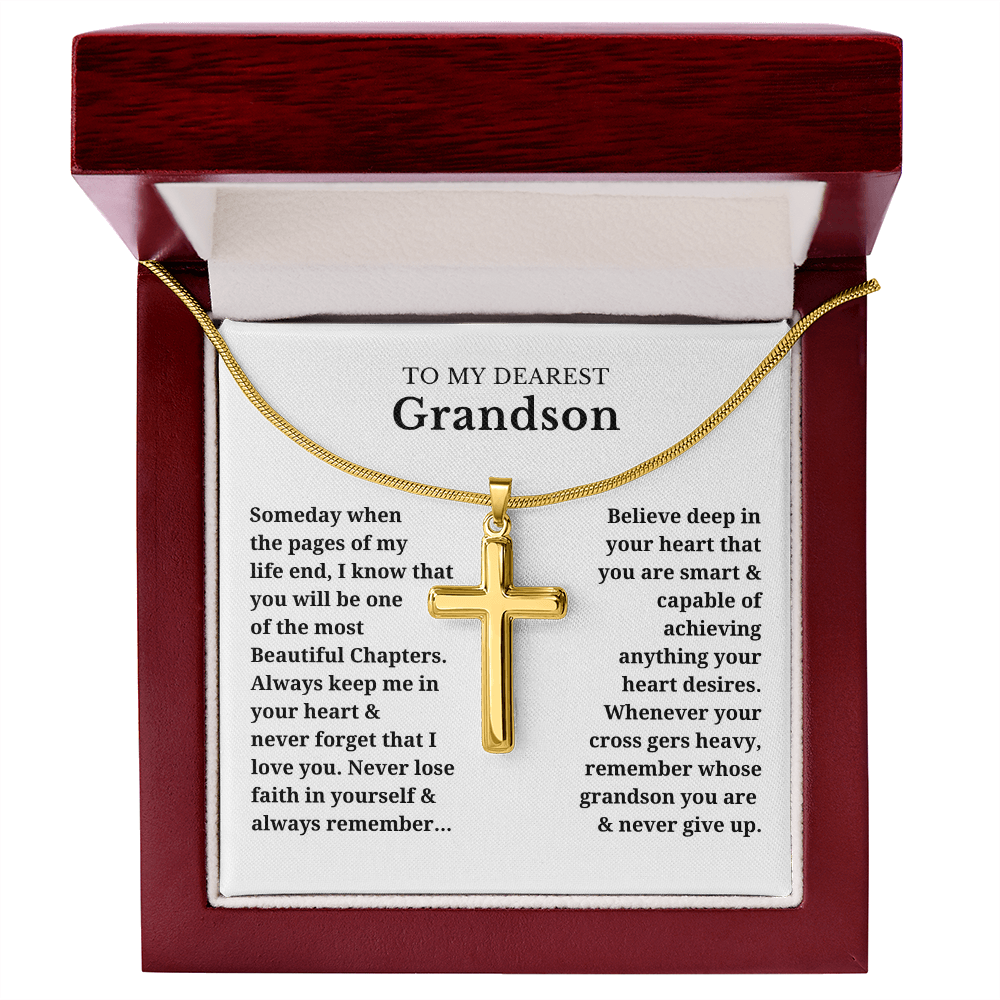 To My Dearest Grandson Artisan Cross Necklace with Snake Chain