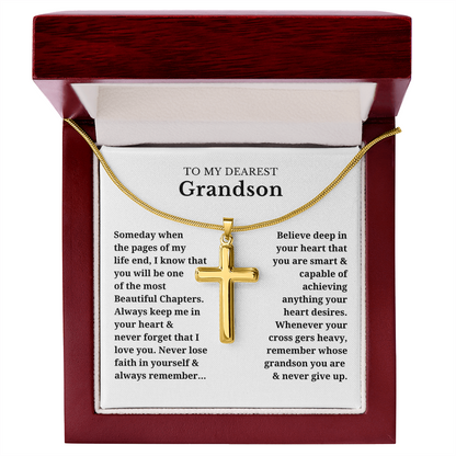 To My Dearest Grandson Artisan Cross Necklace with Snake Chain
