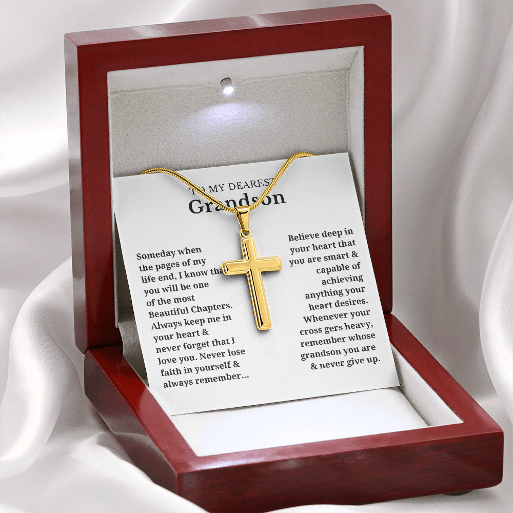 To My Dearest Grandson Artisan Cross Necklace with Snake Chain
