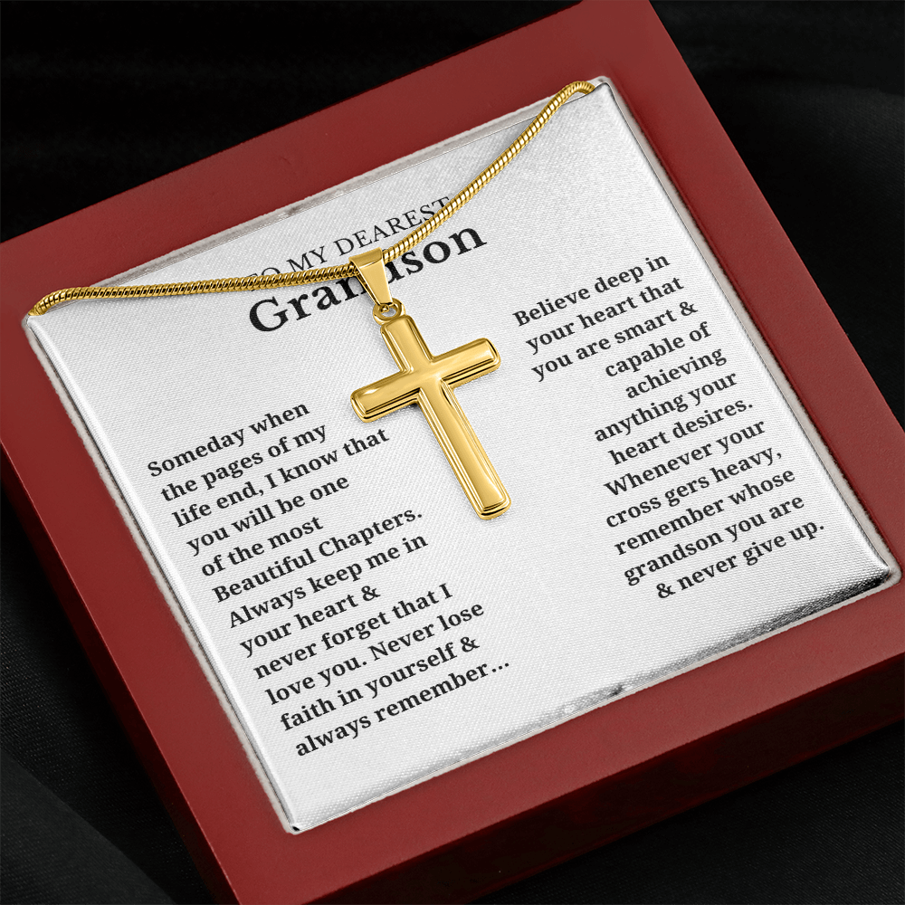 To My Dearest Grandson Artisan Cross Necklace with Snake Chain